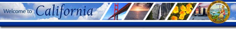 Welcome to California - images of the
		                        Golden Gate Bridge, ocean sunset, Yosemite Falls, poppy flowers, San Diego skyline, and state seal